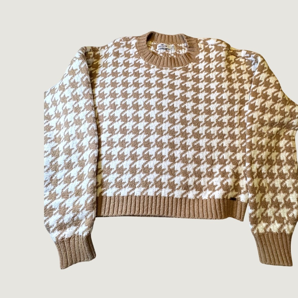 Hollister Tan White Houndstooth Crew Neck Knit Sweater Womens XS